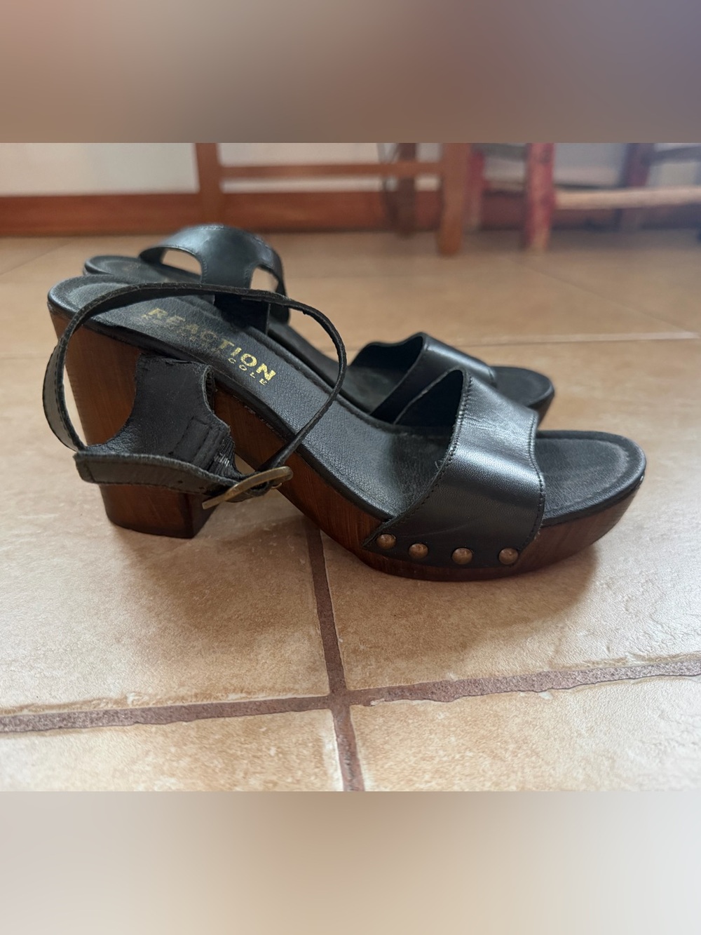 Kenneth Cole Black Leather Platform Sandals with Wood Block Heel